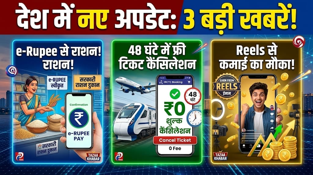 देश में नए अपडेट: e-Rupee से राशन, 48 घंटे में फ्री टिकट कैंसिलेशन और Reels से कमाई का मौका