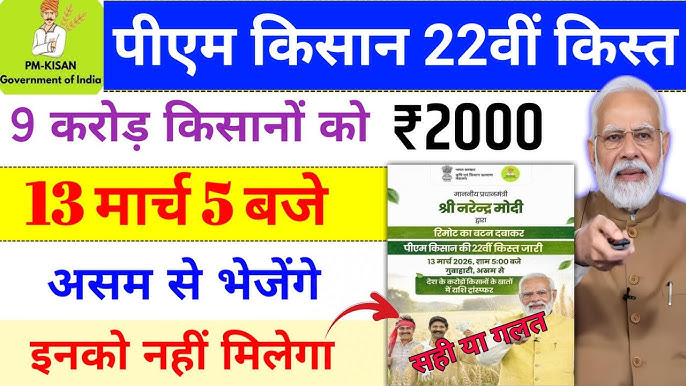 PM Kisan 22वीं किस्त की तारीख घोषित: 13 मार्च 2026 को किसानों के खाते में आएंगे ₹2000